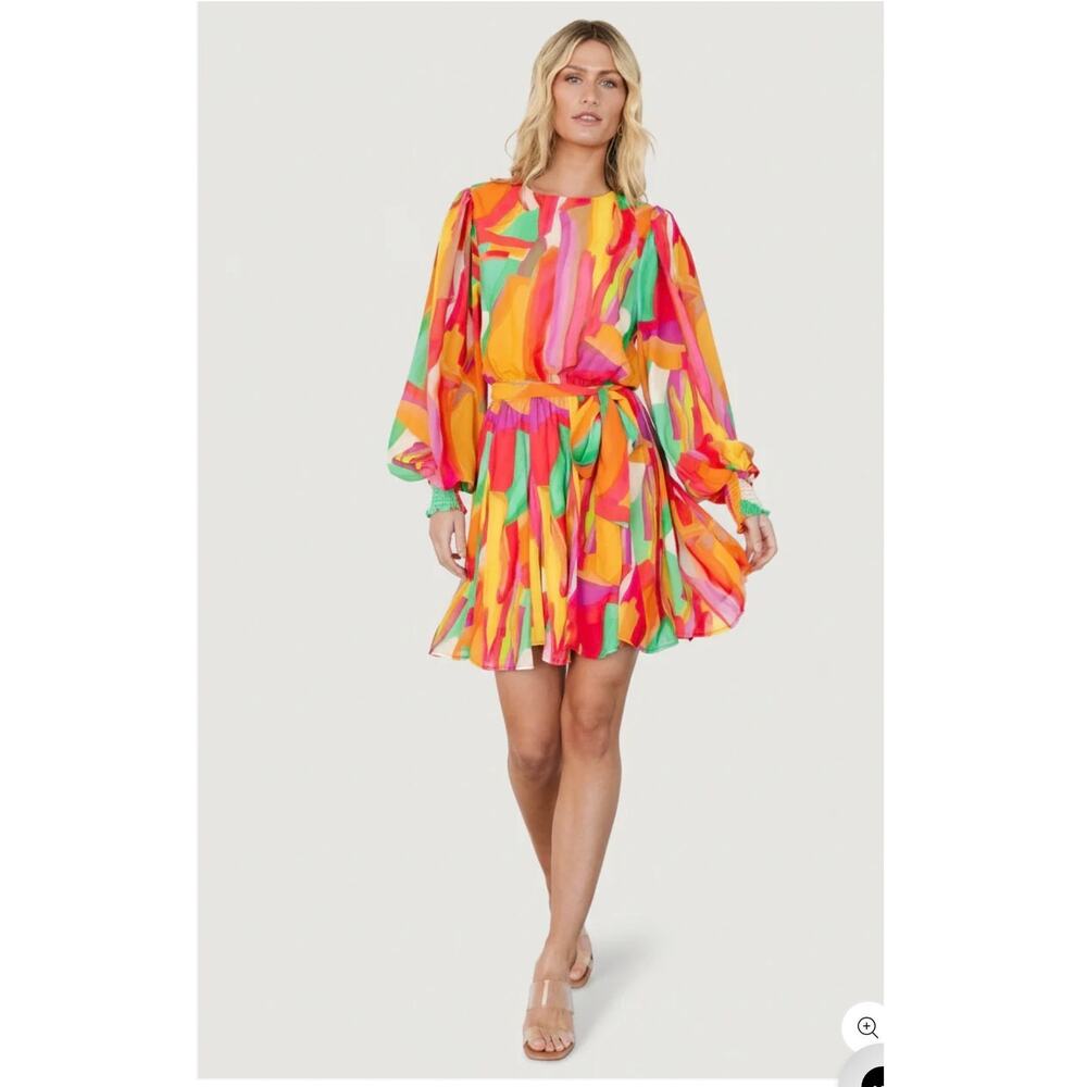 NWT Baltic Born Tavana Abstract Print Mini Dress Smocked Balloon Sleeves M
